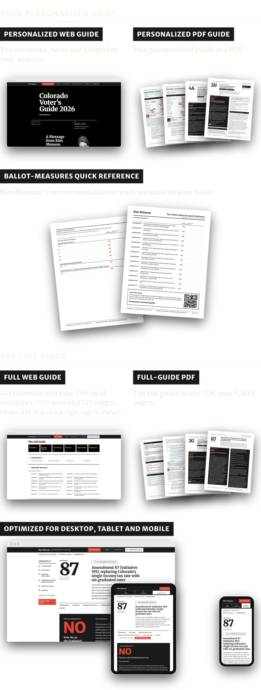 Kim Monson's 2026 Colorado Voter's Guide. Your personalized guide: a web guide to the measures, races and judges for your address; a PDF; and a ballot-measures quick reference with her recommendations. The full guide: a web guide that does not require a sign-up to view; a PDF; and the guide on desktop, tablet and phone.