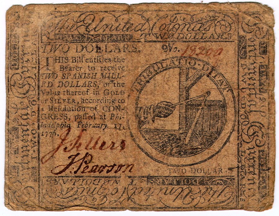 A 1776 two-dollar Continental currency note promising payment in gold or silver.