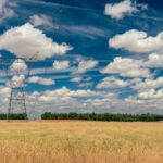 A high-voltage transmission tower and power lines stretch across a vast golden wheat field under a wide blue sky. Featured image for Kim Monson Newsroom: A Kansas advocate warns the heartland's energy buildout is a land grab